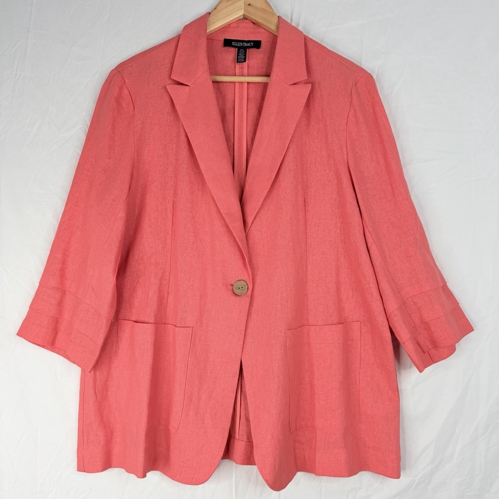 Ellen Tracy blazer Linen Blend One Button Coral Pink 3/4 Pleated Sleeve SZ-L NWT
